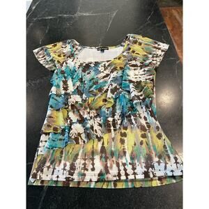 I.N. Studio layered stretch abstract pullover in jade and brown hues, MED